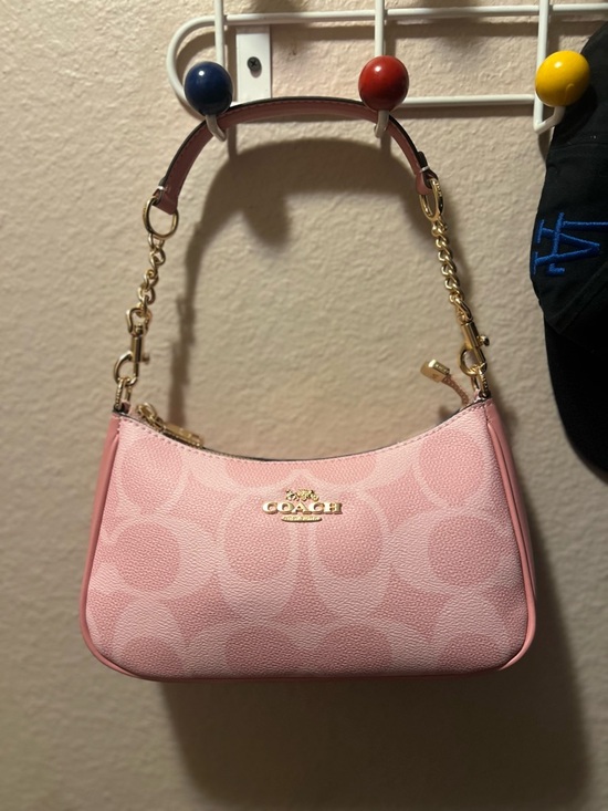 Coach Handbags - Coach Pink Signature Canvas Shoulder Bag with Gold Hardware